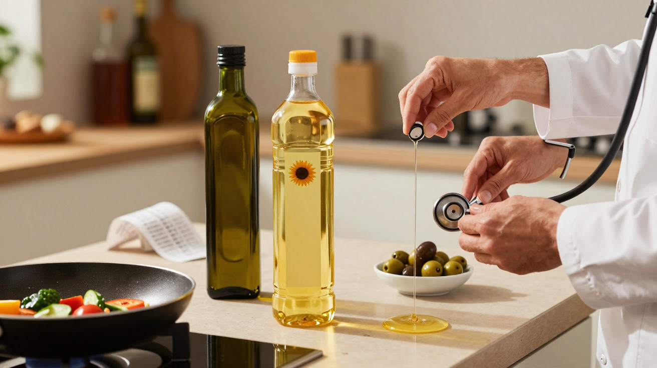 Mãos com estetoscópio a escutar óleo que está a ser vertido numa cozinha moderna com garrafas e legumes.