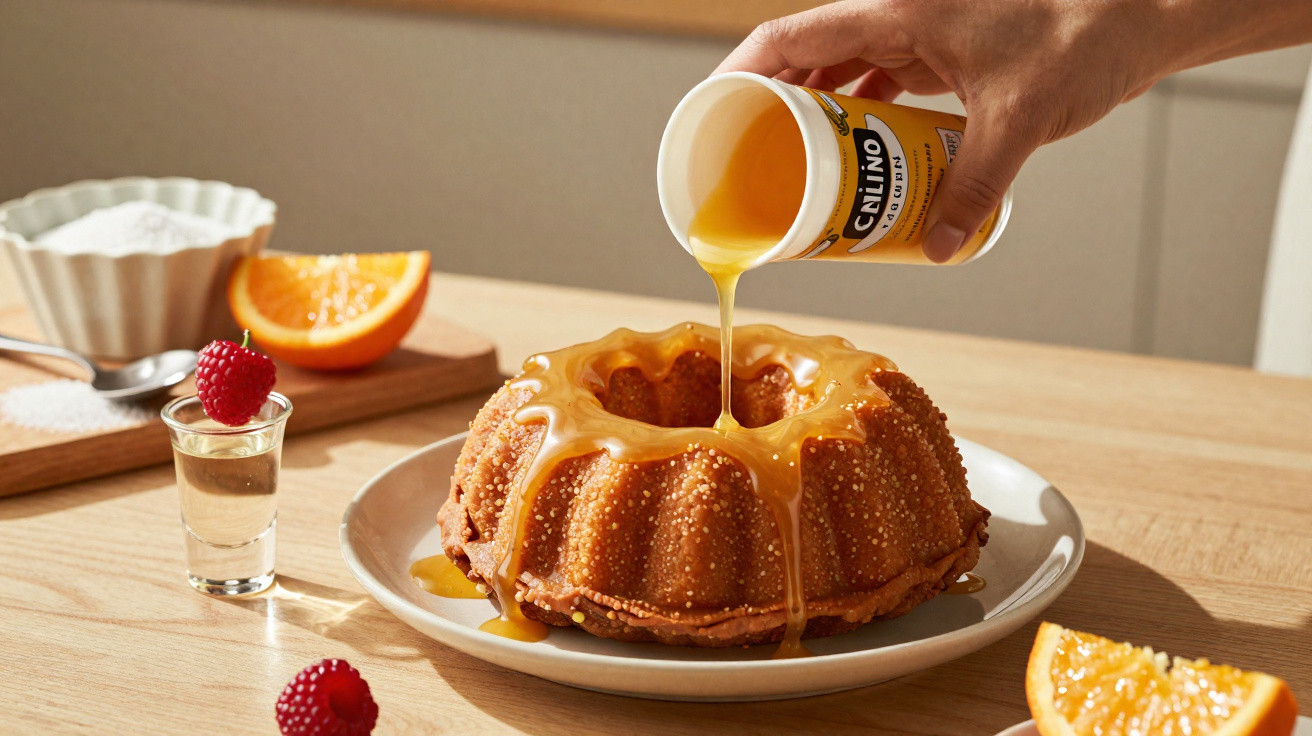 Bolo Bundt servido num prato branco com calda líquida a ser derramada por uma mão, rodeado de fruta e açúcar.