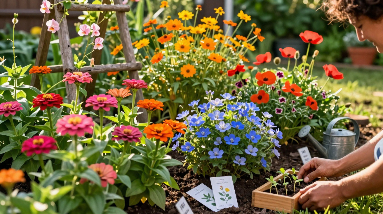 Pessoa a plantar sementes num jardim colorido com flores vermelhas, azuis, laranja e cor-de-rosa.
