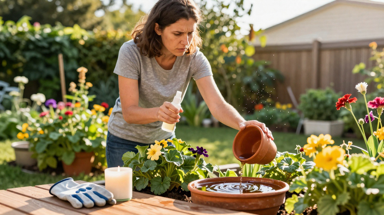 Mulher a regar plantas com jarro de barro num jardim ensolarado, com luvas e vela na mesa.