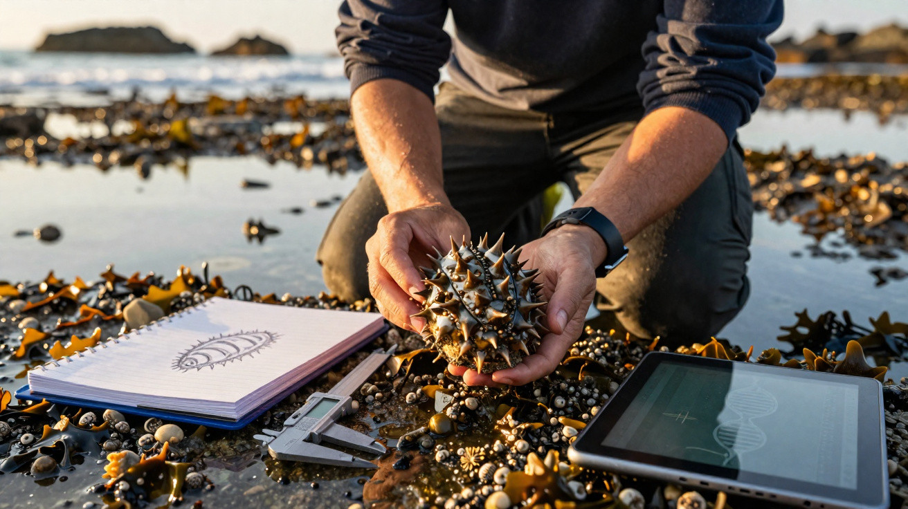 Pessoa segura um ouriço-do-mar à beira-mar com desenho e tablet ao lado durante maré baixa.