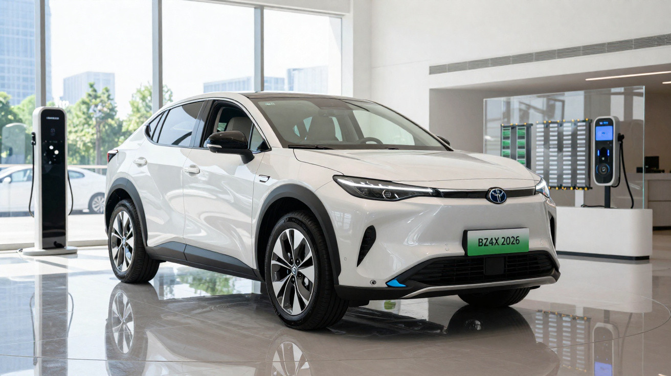 Carro elétrico branco Toyota BZ4X estacionado em showroom moderno com carregadores ao fundo.