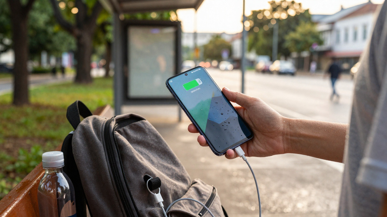 Pessoa a carregar telemóvel ligado a uma mochila num banco numa paragem de autocarro, ao ar livre.