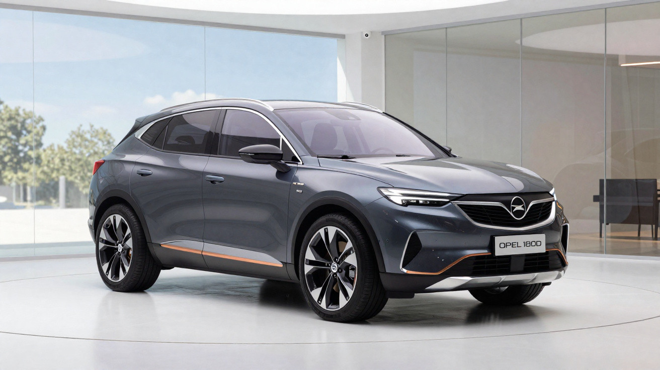 SUV cinza Opel 1800 estacionado num showroom moderno com janelas de vidro amplas.