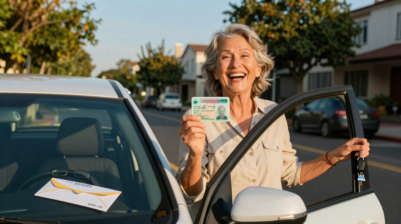 Mulher sorridente segura carta de condução e chave junto a carro estacionado numa rua residencial.