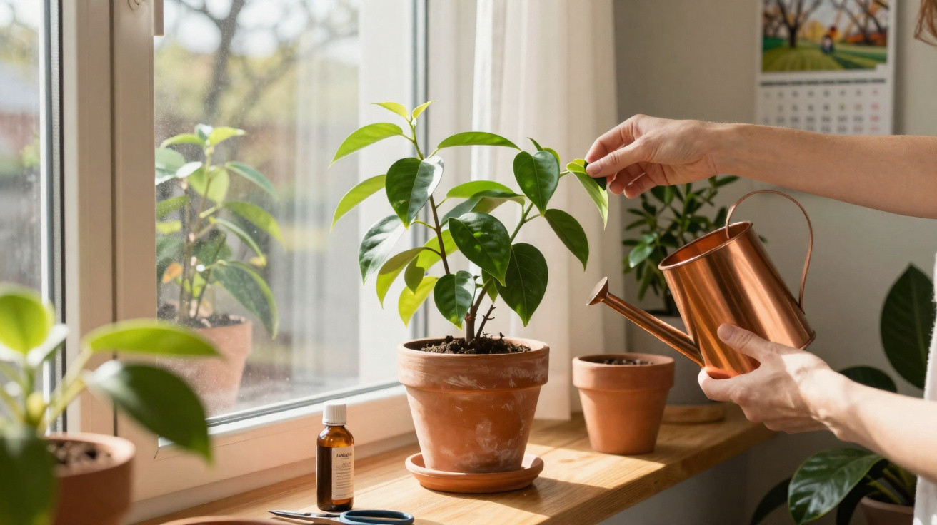 Pessoa a regar planta em vaso de barro junto à janela com regador de metal cor cobre.