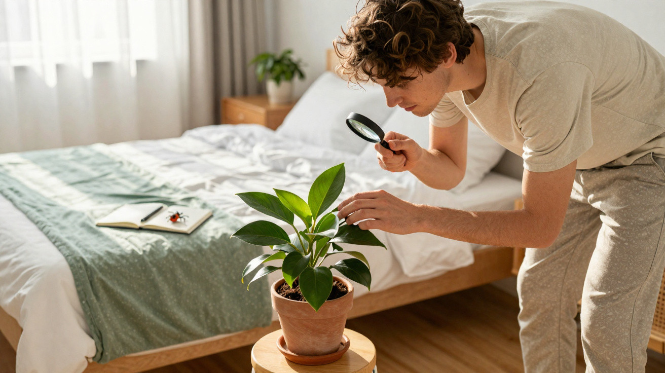 Homem com lupa a examinar planta em vaso dentro de quarto com cama e decoração simples.