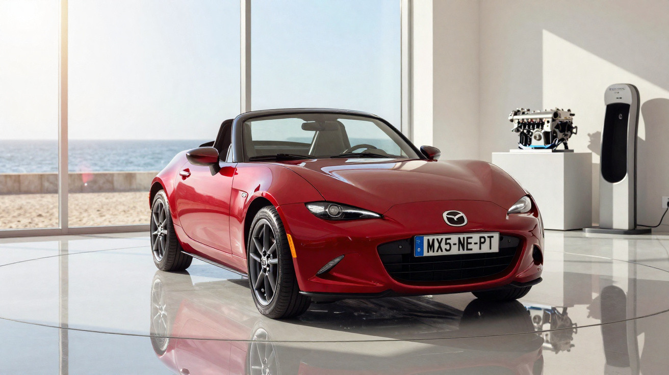 Carro desportivo conversível vermelho Mazda MX-5 numa sala com grandes janelas para o mar.