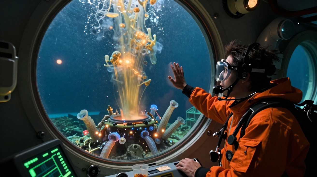 Homem em fato subaquático observa criatura luminosa através de escotilha de submarino.