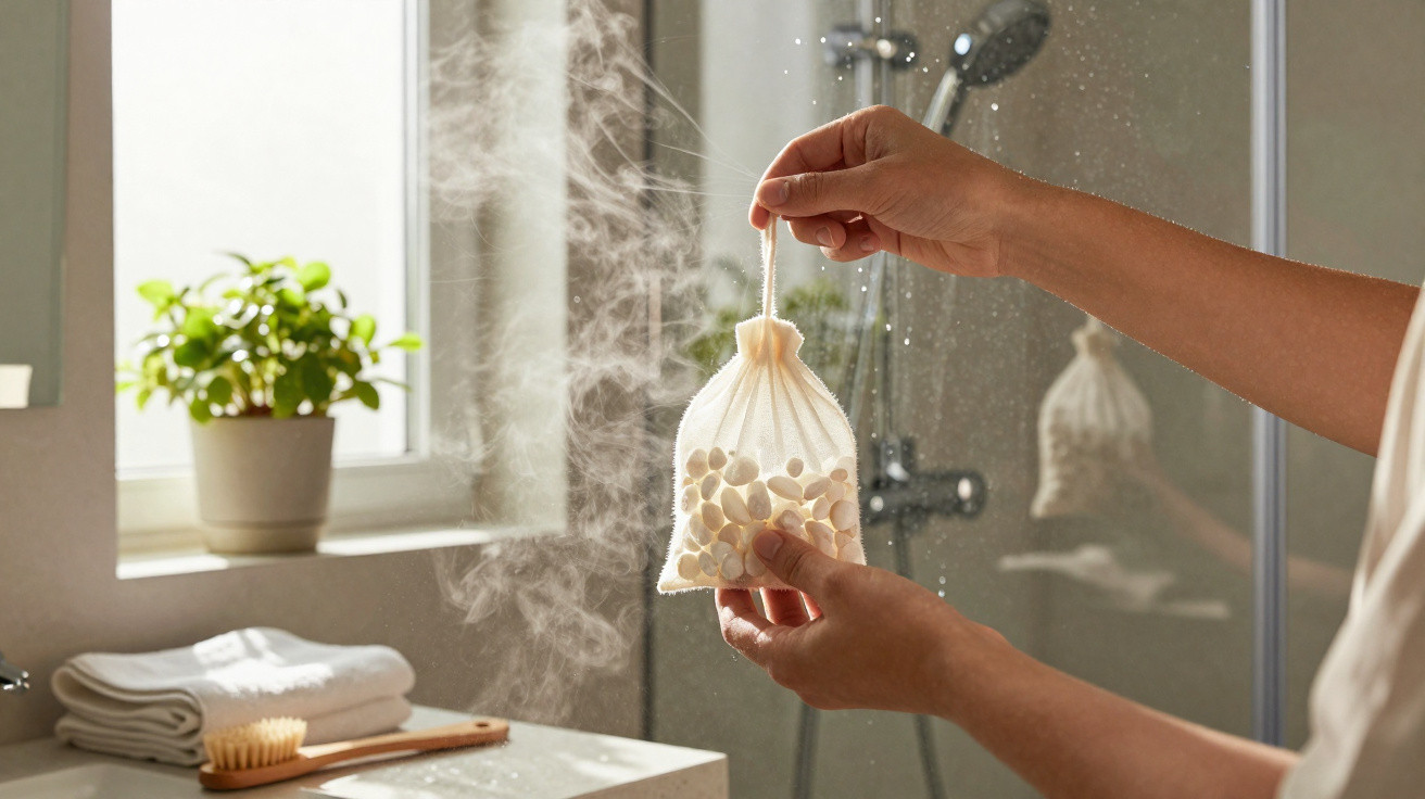Mãos seguram saquinho perfumado com pedras dentro de casa de banho com vapor e planta na janela.