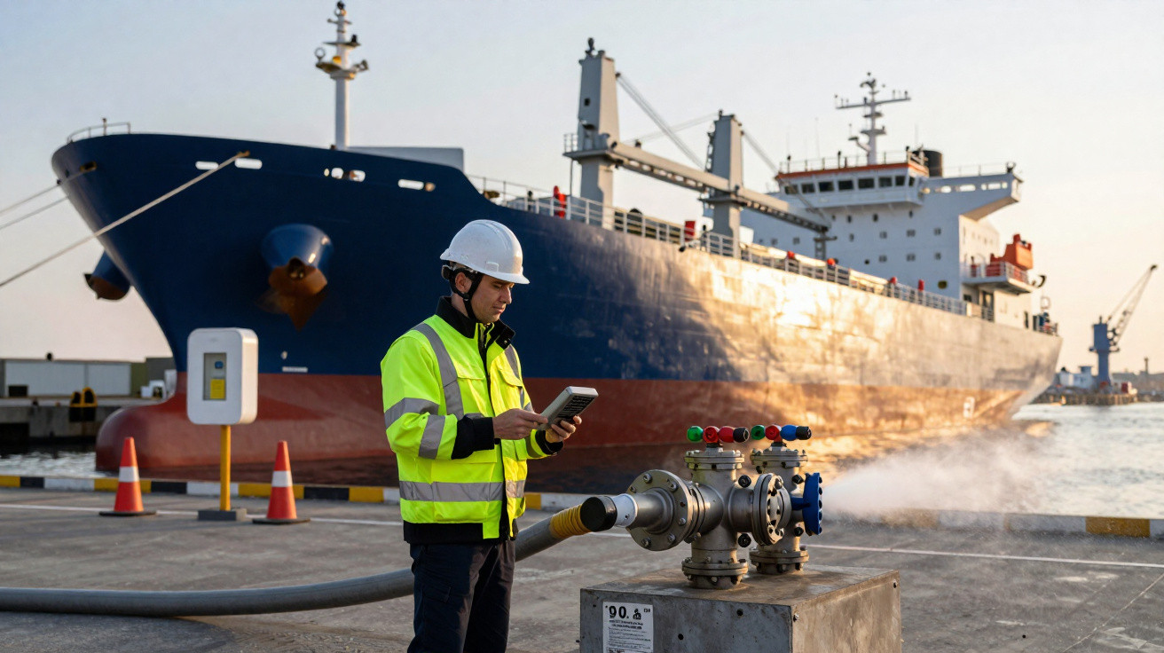 Homem com capacete e colete refletor verifica equipamento na doca junto a navio cargueiro.
