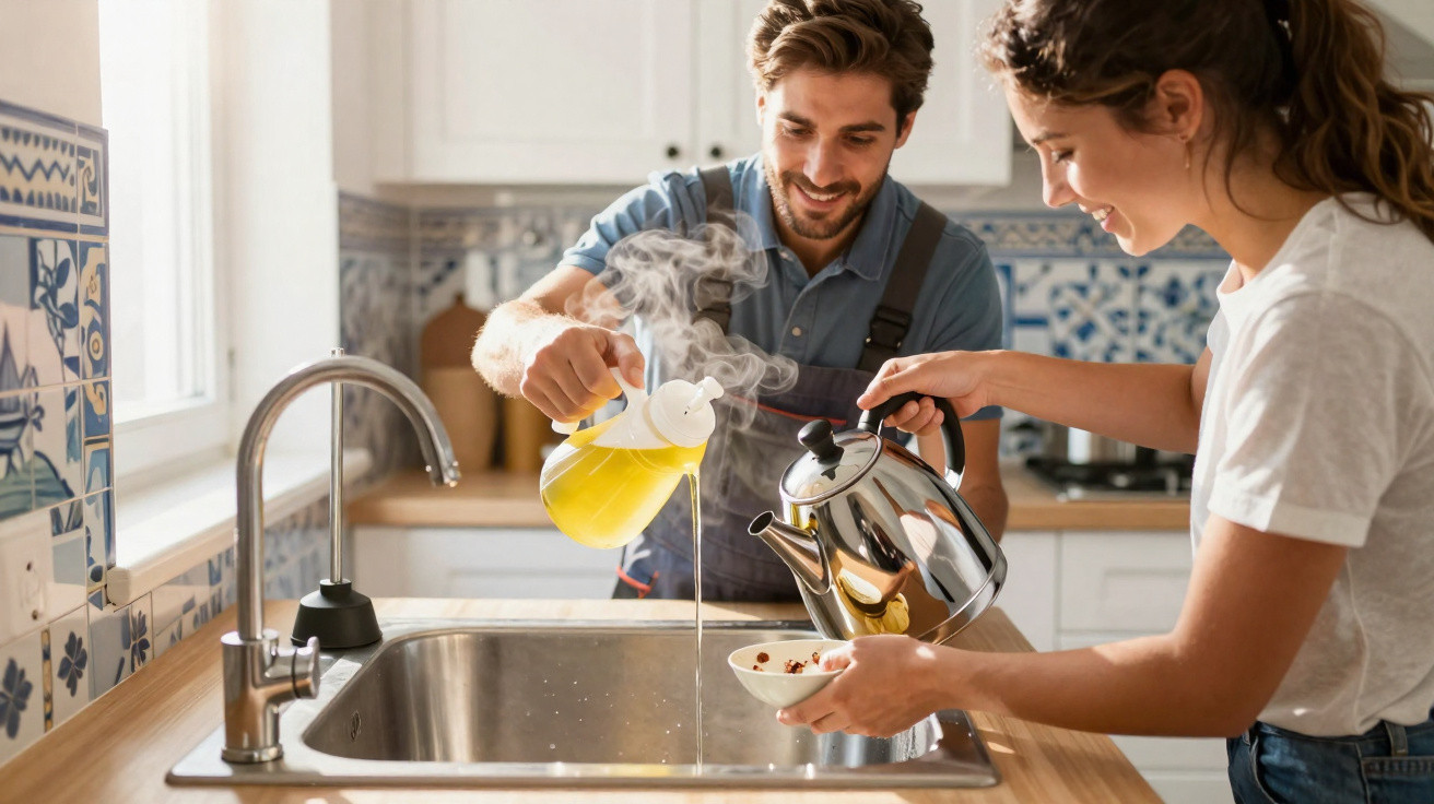 Casal na cozinha a verter chá quente e leite numa tigela, ambos sorrindo e felizes.