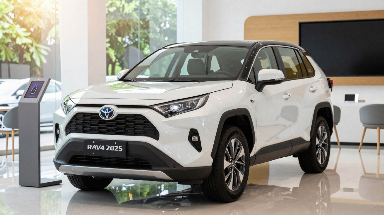 Toyota RAV4 2025 branco exposto em showroom moderno com carregador elétrico ao lado.