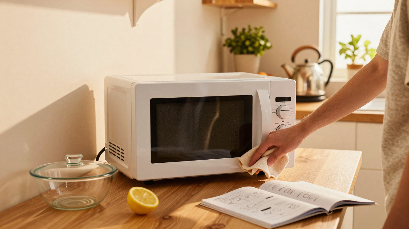 Mão a limpar micro-ondas branco numa bancada de cozinha com livro aberto, limão e taça de vidro.