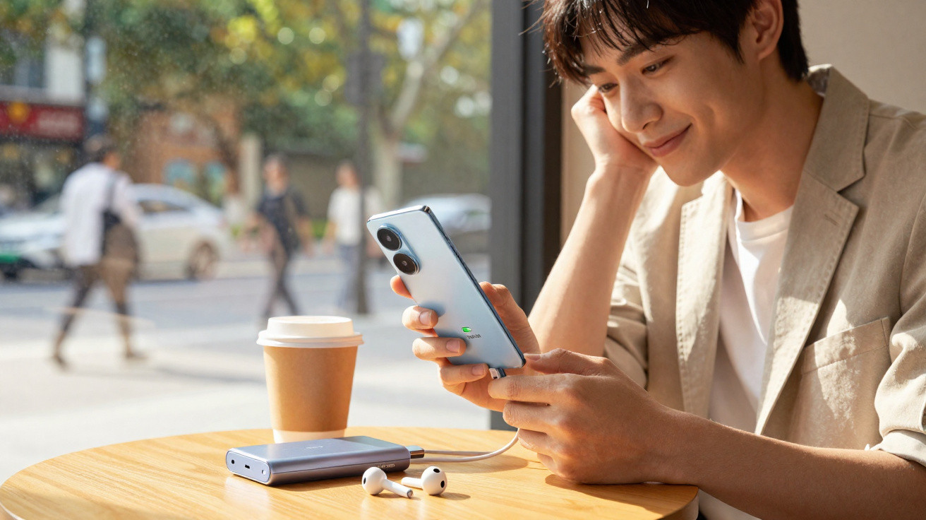 Homem sorridente sentado numa cafetaria a usar um telemóvel conectado a uma power bank e auriculares.