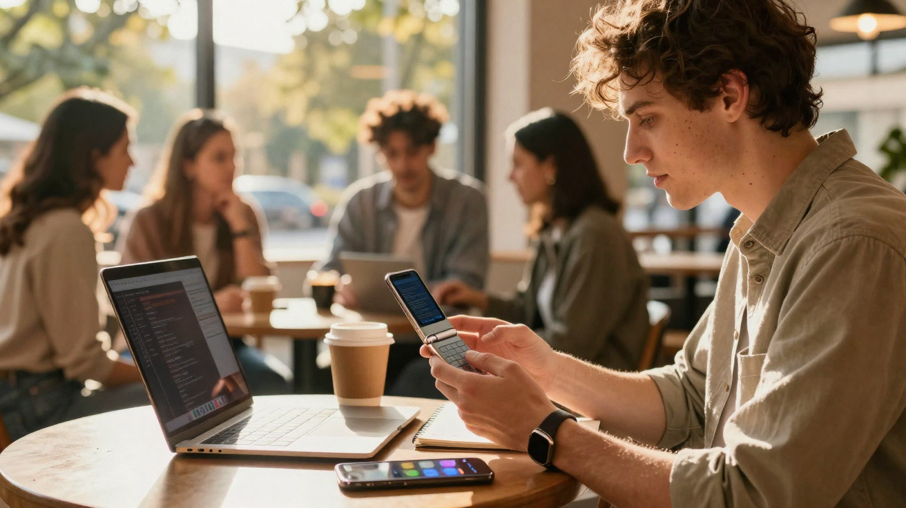 Jovem a trabalhar com telemóvel e computador portátil numa cafetaria, com grupo ao fundo a conversar.