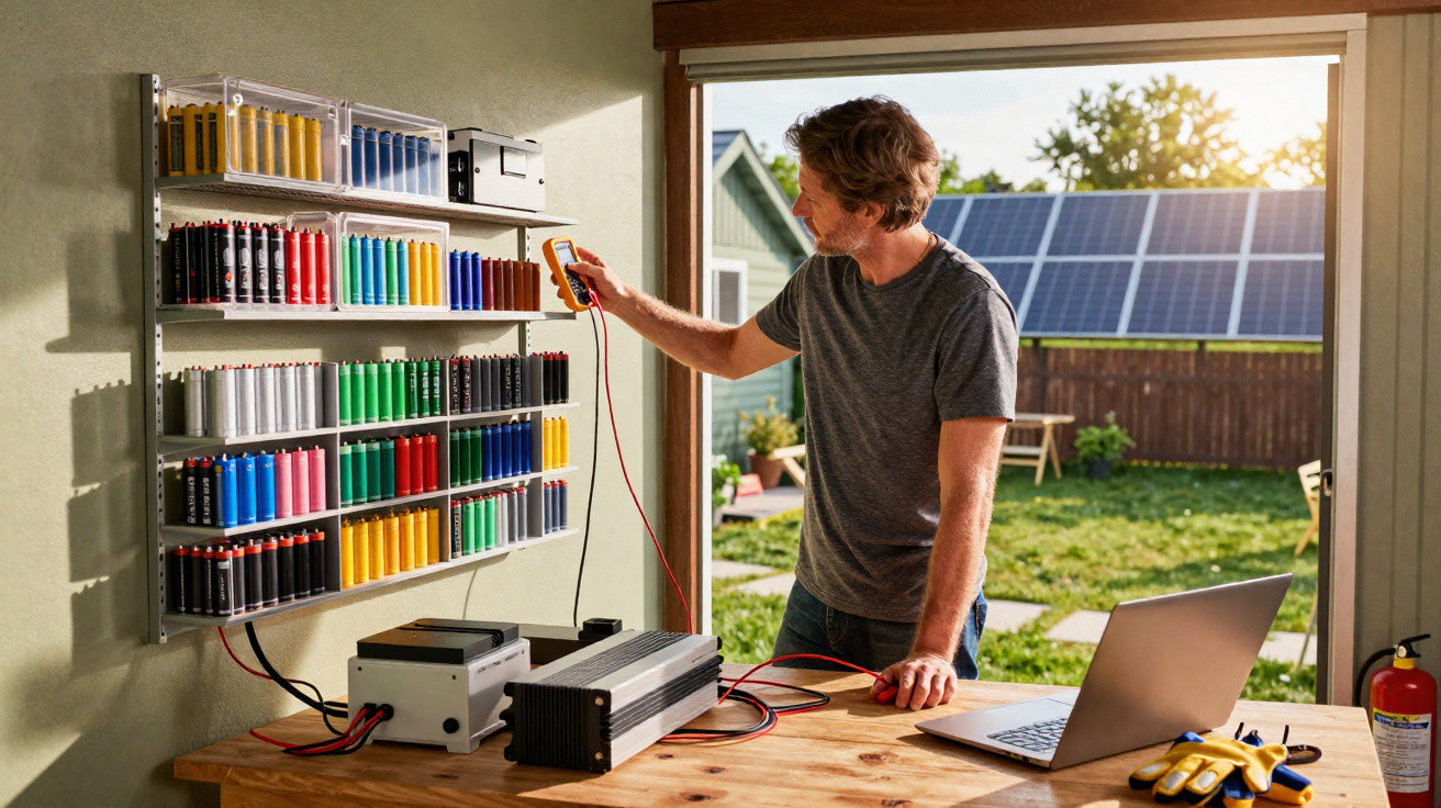 Homem verifica baterias recarregáveis ligadas a equipamento numa bancada com laptop e painéis solares ao fundo.
