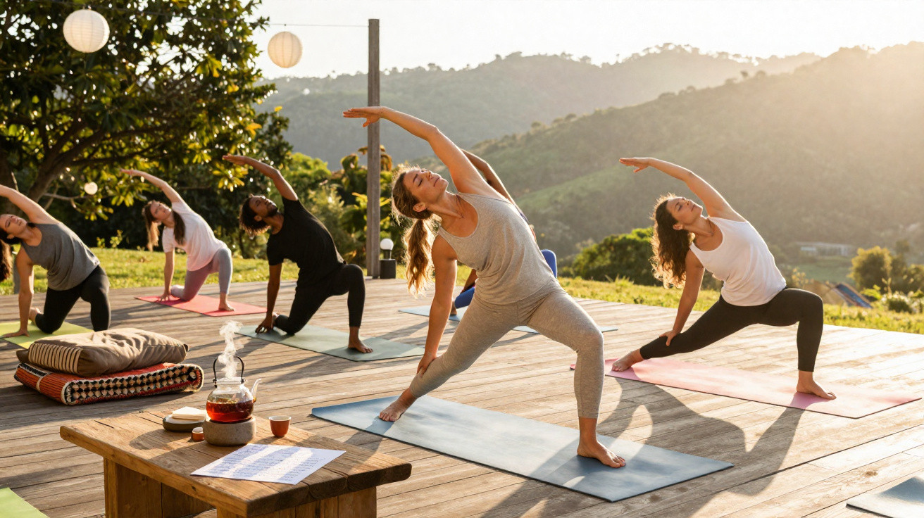 Grupo de pessoas a praticar yoga ao ar livre numa plataforma de madeira ao pôr do sol.