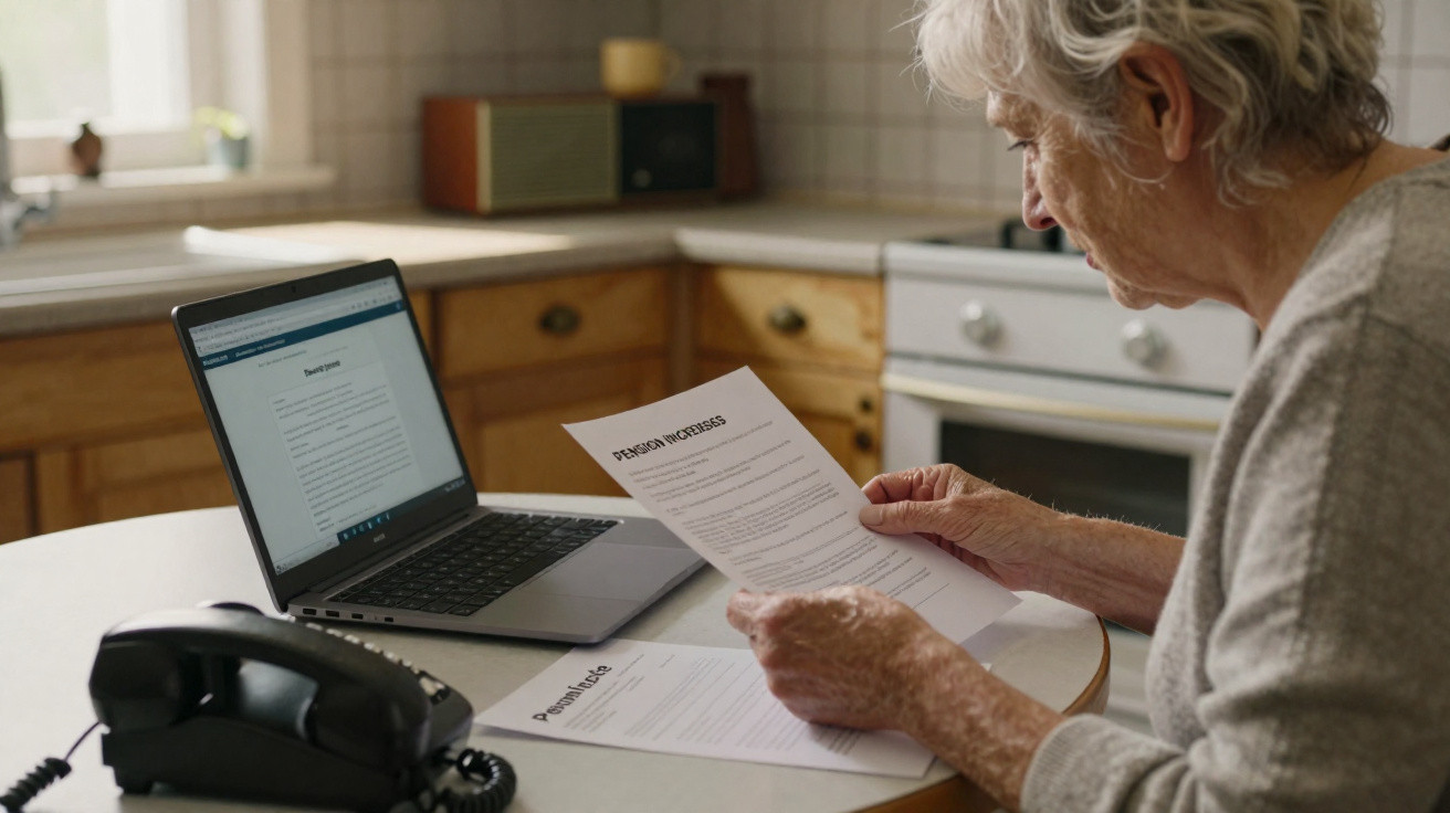 Idosa sentada à mesa a ler documentos de pensão, com computador e telefone à frente numa cozinha.