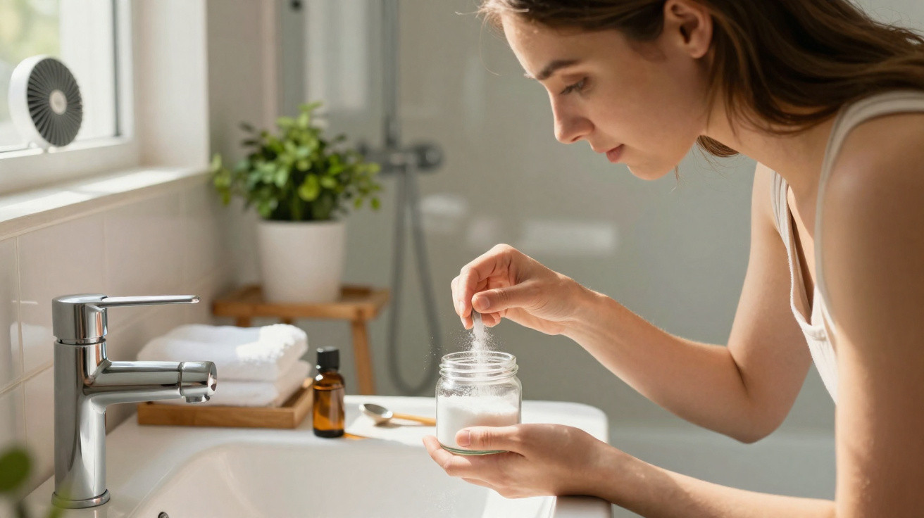 Mulher a preparar produto em pó num frasco no lavatório de casa de banho com luz natural.