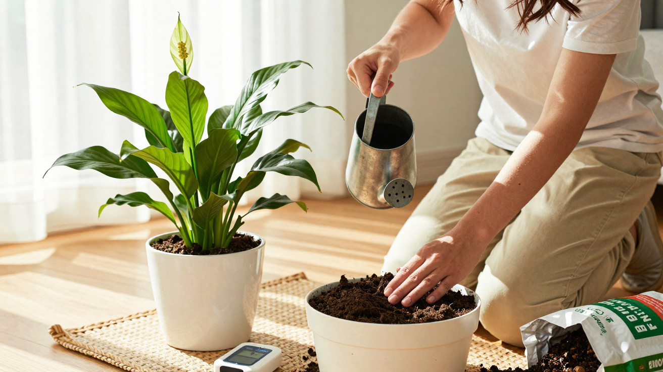 Pessoa a cuidar de planta em vaso branco, regando com regador metálico num ambiente interior iluminado.