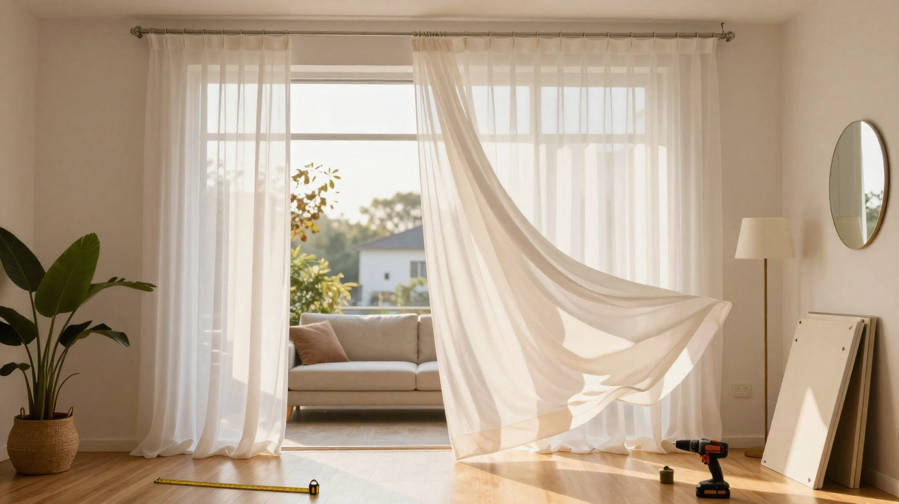 Sala com varanda, cortinas brancas ondulando, sofá exterior, planta, e ferramentas no chão.