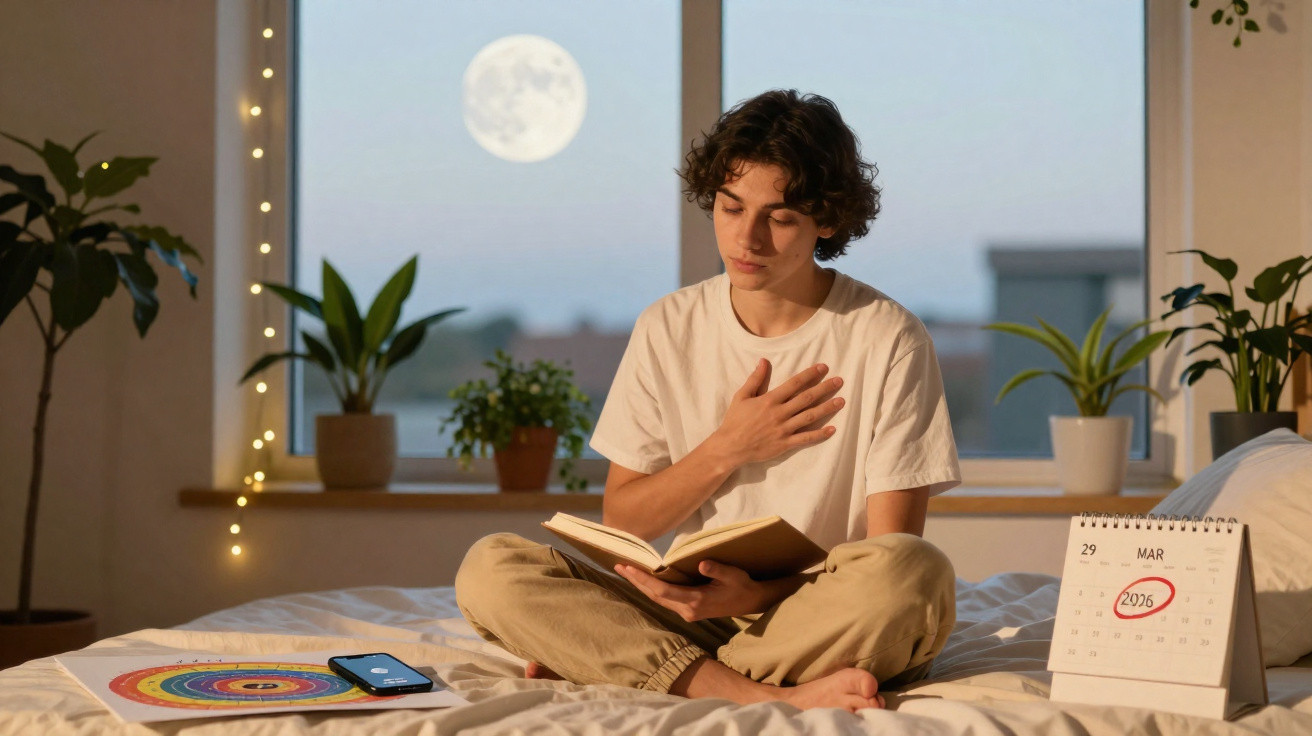 Jovem sentado na cama a ler um livro, com a mão no peito, noite com lua cheia visível pela janela.