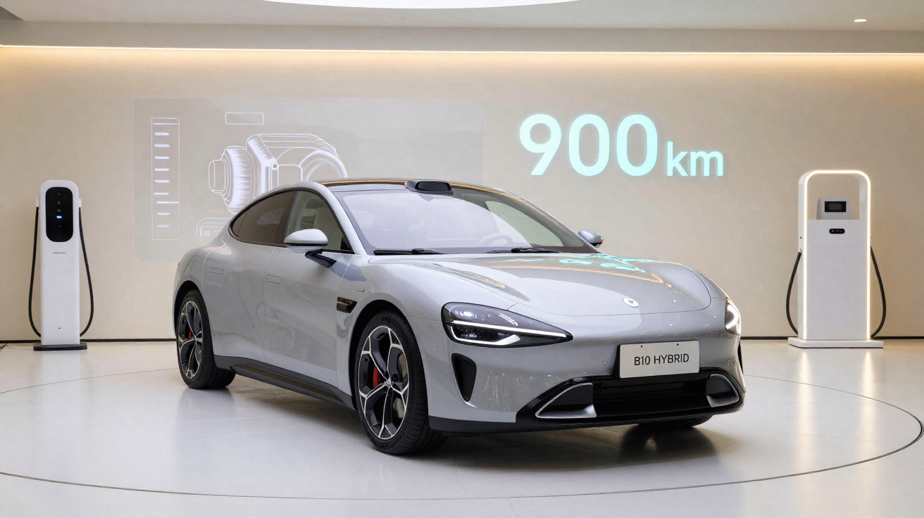 Automóvel cinzento B10 híbrido em exposição, com duas estações de carregamento e indicador de autonomia de 900 km.