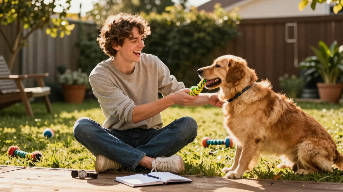 Homem jovem sentado no jardim a brincar com um cão dourado usando um brinquedo colorido.