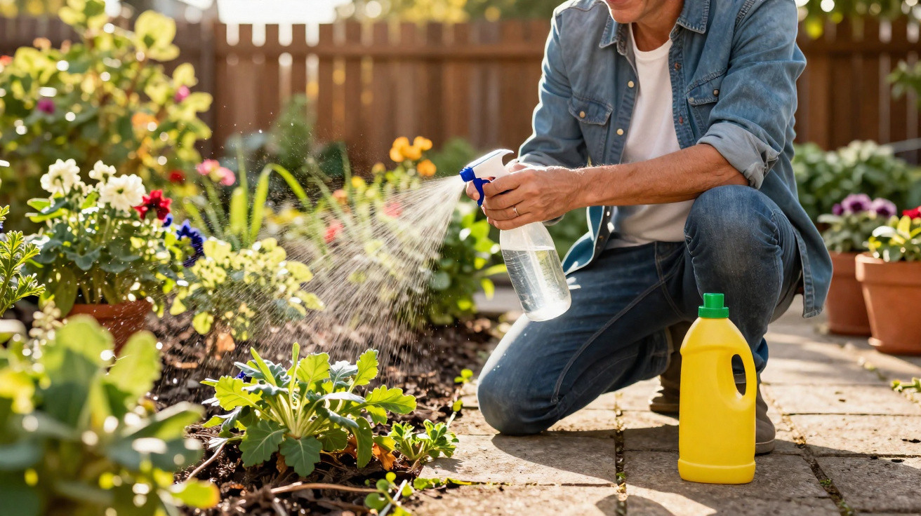 Pessoa a borrifar água sobre plantas num jardim com flores coloridas em vaso e solo.