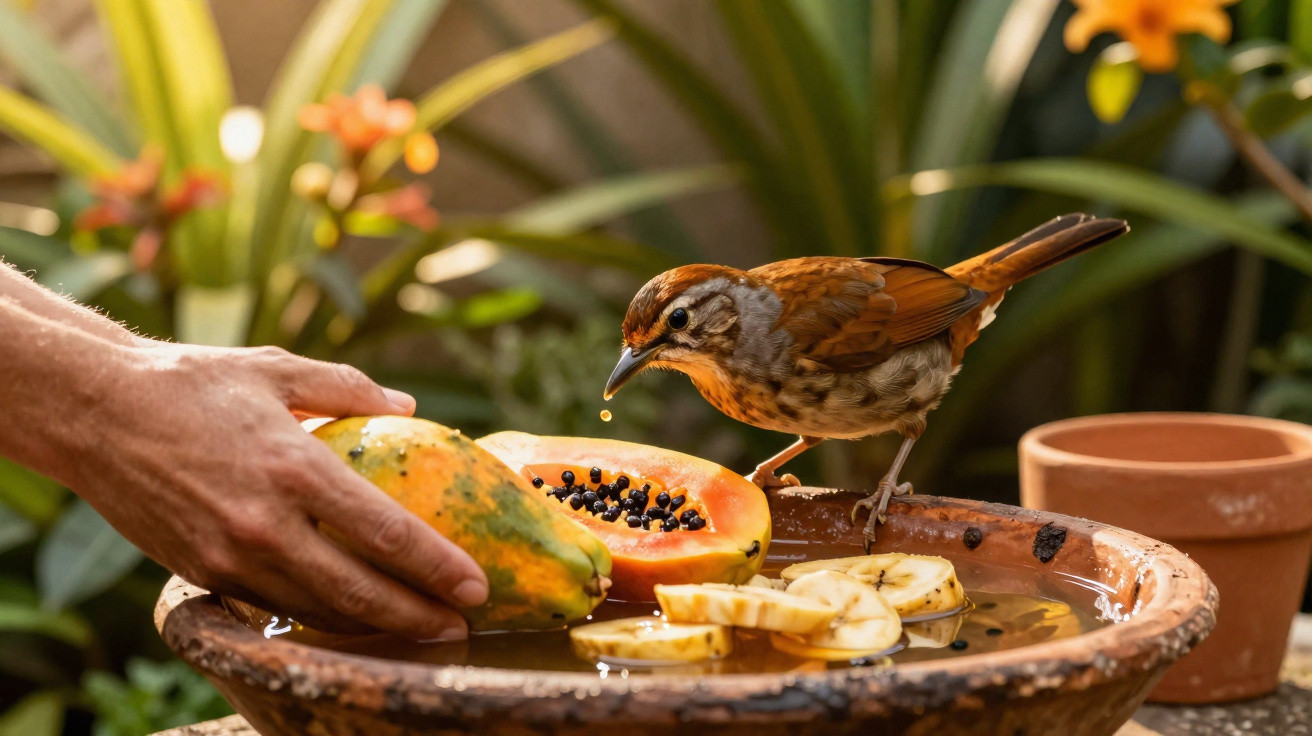 Mão humana a oferecer papaia a um pássaro castanho numa taça com fatias de banana e água num jardim.