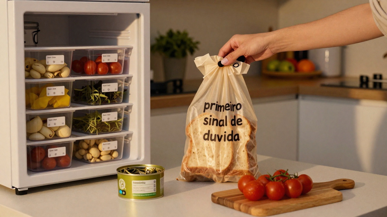 Mão a segurar saco de pão com texto "primeiro sinal de dúvida" sobre bancada de cozinha com mini-frigorífico e tomate.