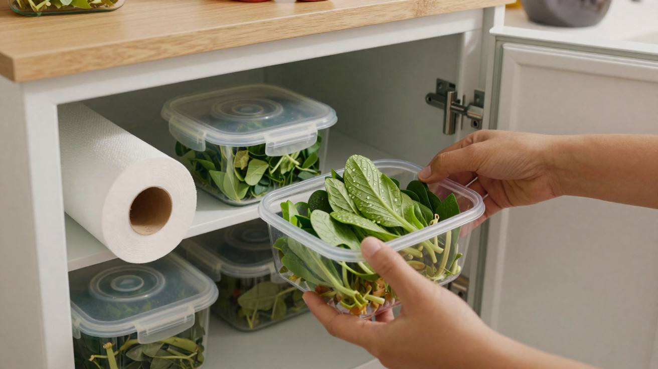Mãos a guardar folhas verdes em recipientes plásticos transparentes dentro de armário de cozinha.