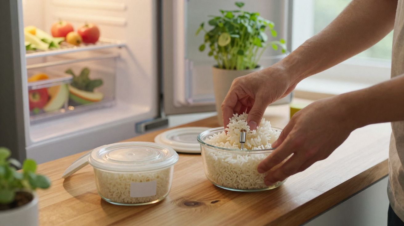 Mãos a embalar arroz em taça de vidro sobre bancada junto a frigorífico aberto com fruta e ervas.