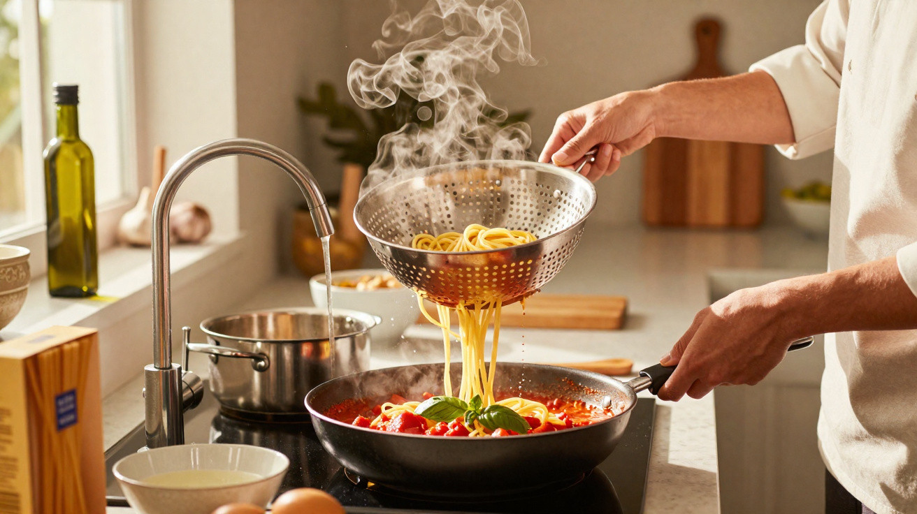 Pessoa a escorrer esparguete numa frigideira com molho de tomate fumegante numa cozinha moderna.