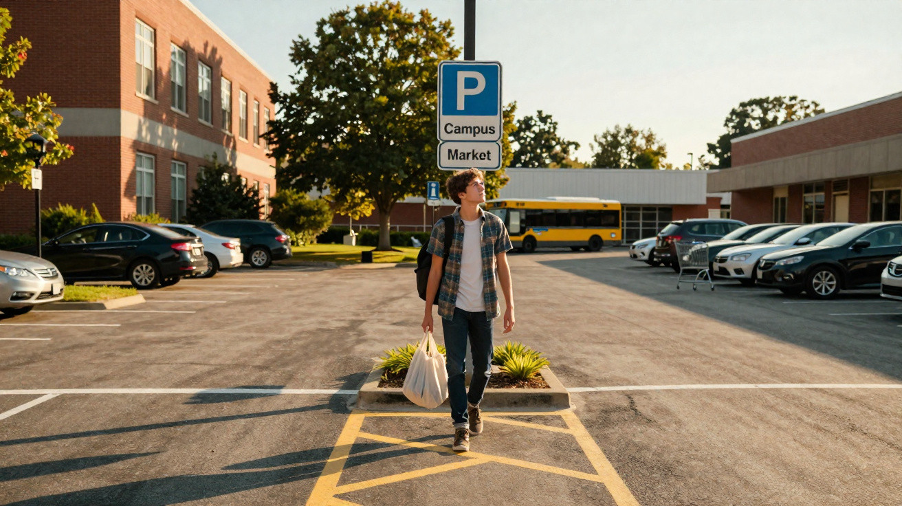 Jovem com mochila e saco a caminhar num parque de estacionamento perto de autocarro escolar ao fim da tarde.