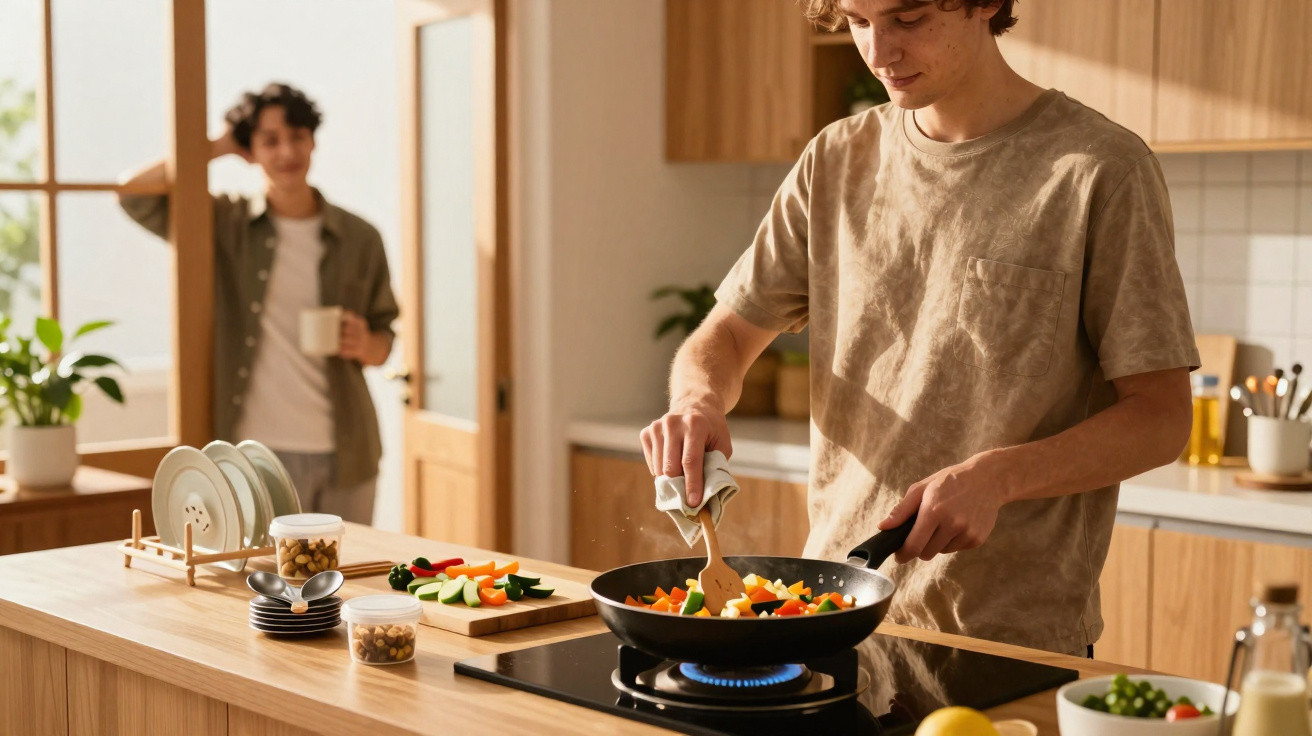 Jovem a cozinhar legumes numa frigideira enquanto outra pessoa observa com uma chávena na cozinha moderna.