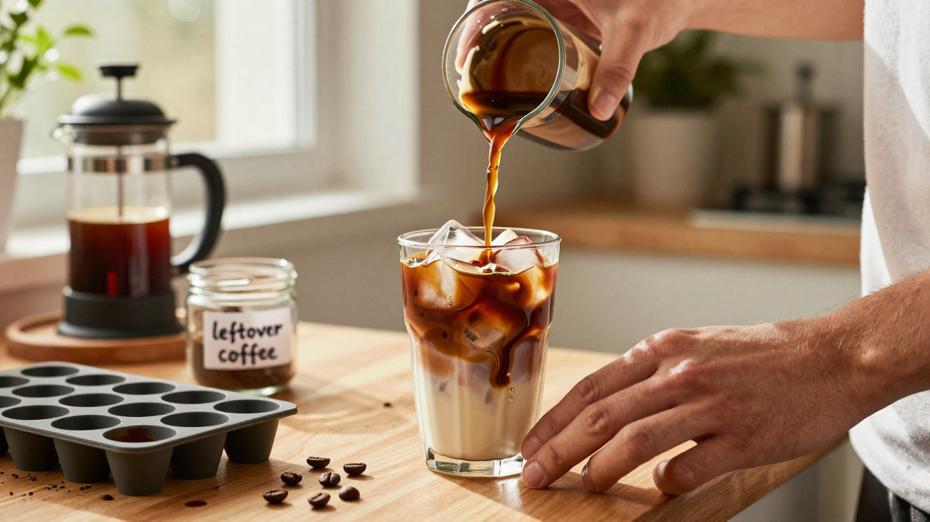 Mão a verter café sobre copo com gelo e leite numa cozinha, com prensa francesa e cubos de gelo no fundo.