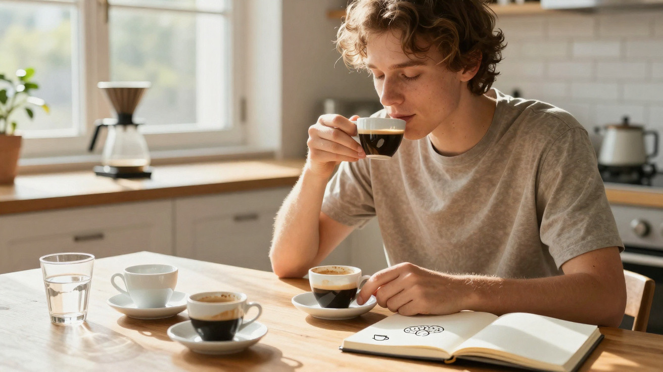 Jovem sentado à mesa a beber café espresso, com cadernos e três chávenas de café na cozinha.