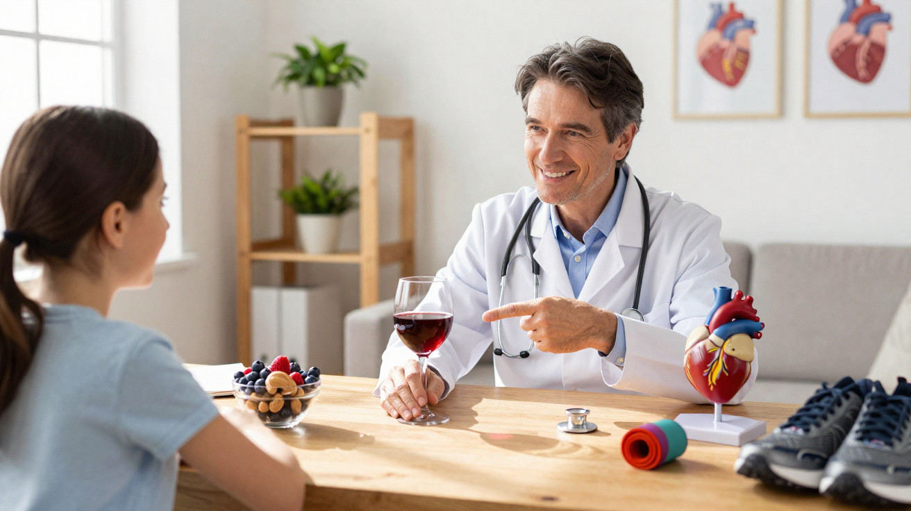 Médico conversa com paciente jovem sobre saúde cardíaca, segurando copo de vinho tinto num consultório.