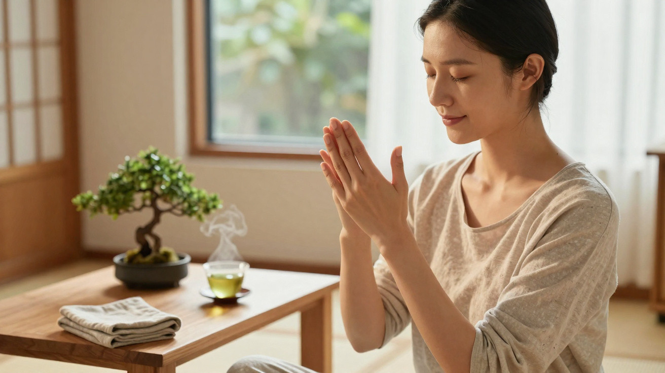 Mulher sentada meditando com as mãos juntas, perto de uma mesa com chá quente e planta em ambiente iluminado.