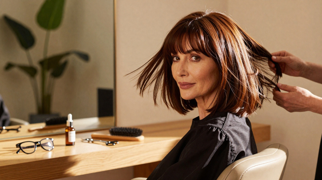 Mulher com cabelo castanho médio sentado numa cadeira no salão de cabeleireiro a ser penteada.