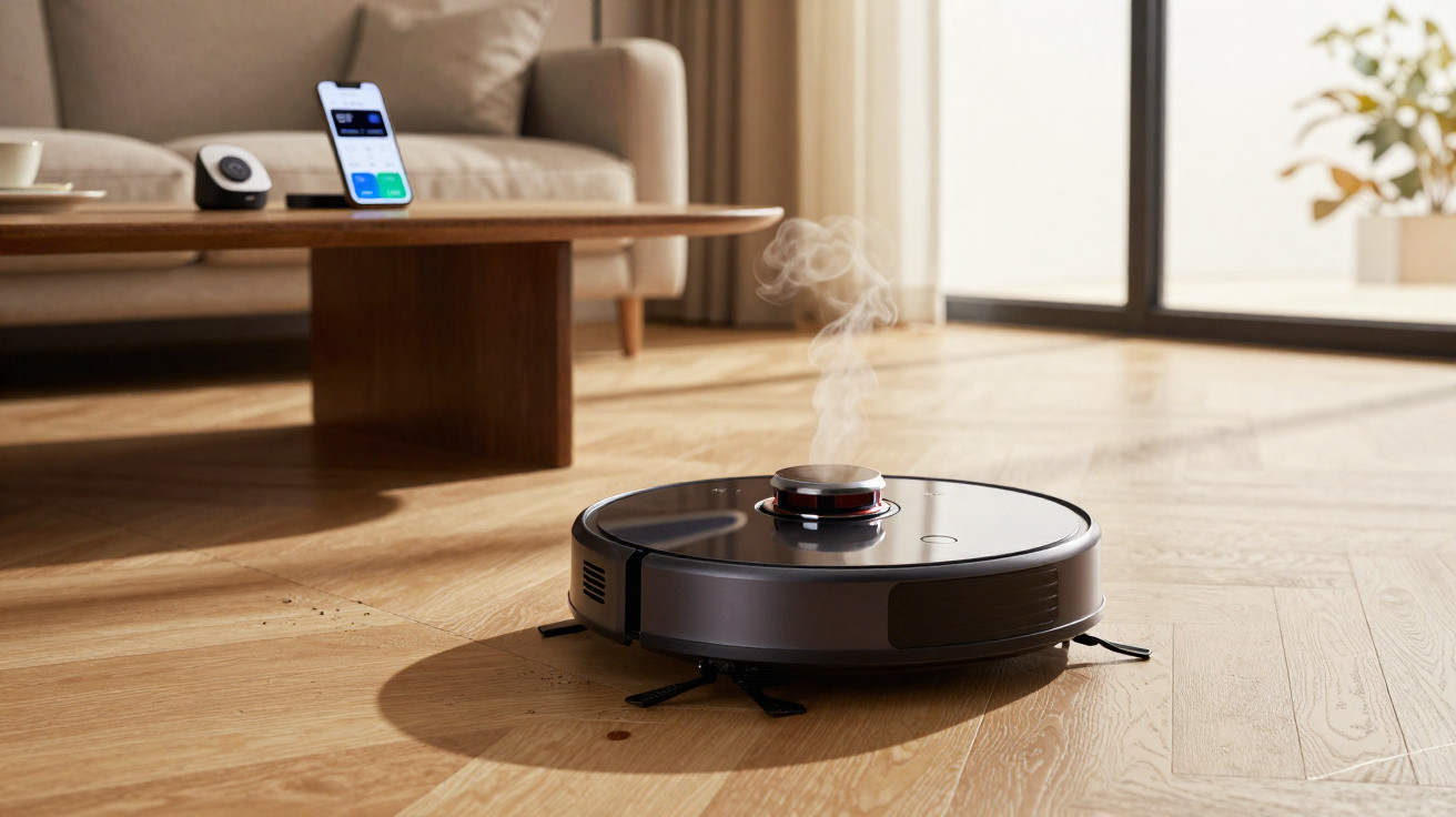 Robot aspirador a libertar vapor no chão de madeira numa sala com sofá e mesa de centro.