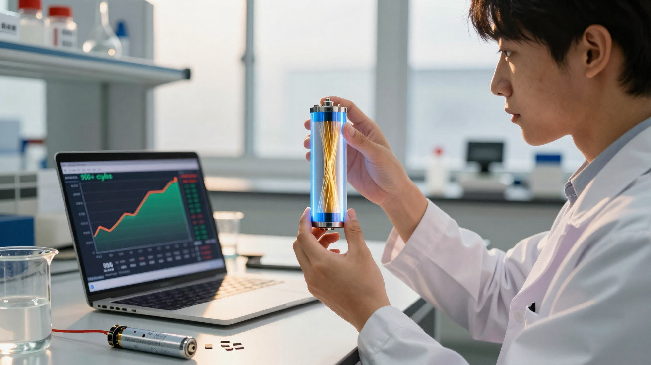 Cientista em laboratório examina bateria transparente com fios, laptop mostra gráfico de dados ao fundo.