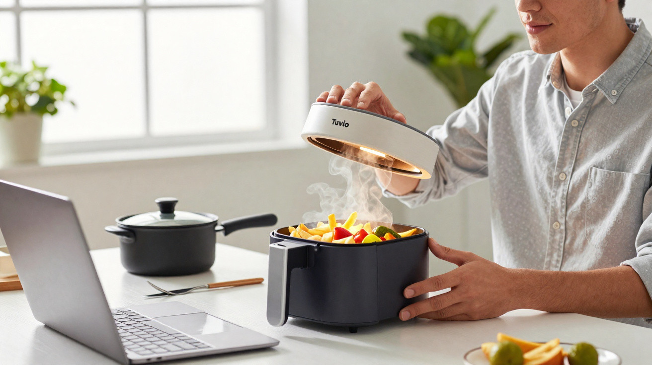 Pessoa a usar uma fritadeira sem óleo para cozinhar legumes e batatas na cozinha junto a um portátil.