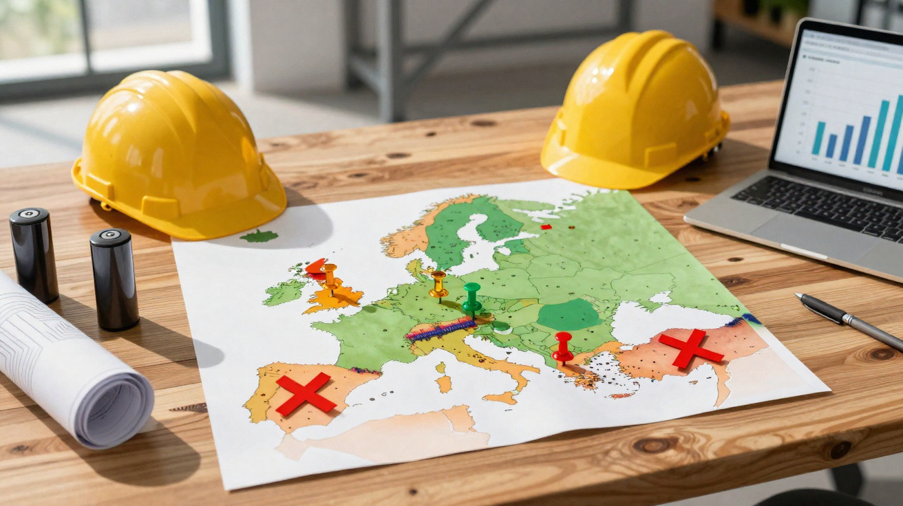 Mesa de madeira com mapa da Europa, capacetes amarelos, laptop e plantas em cima.