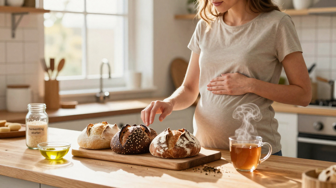 Mulher grávida em cozinha a tocar a barriga com uma mão e pão com a outra, com chá quente na bancada.