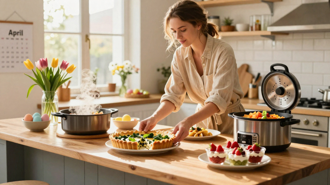 Mulher a preparar sobremesas numa cozinha luminosa com flores e pratos variados sobre o balcão de madeira.