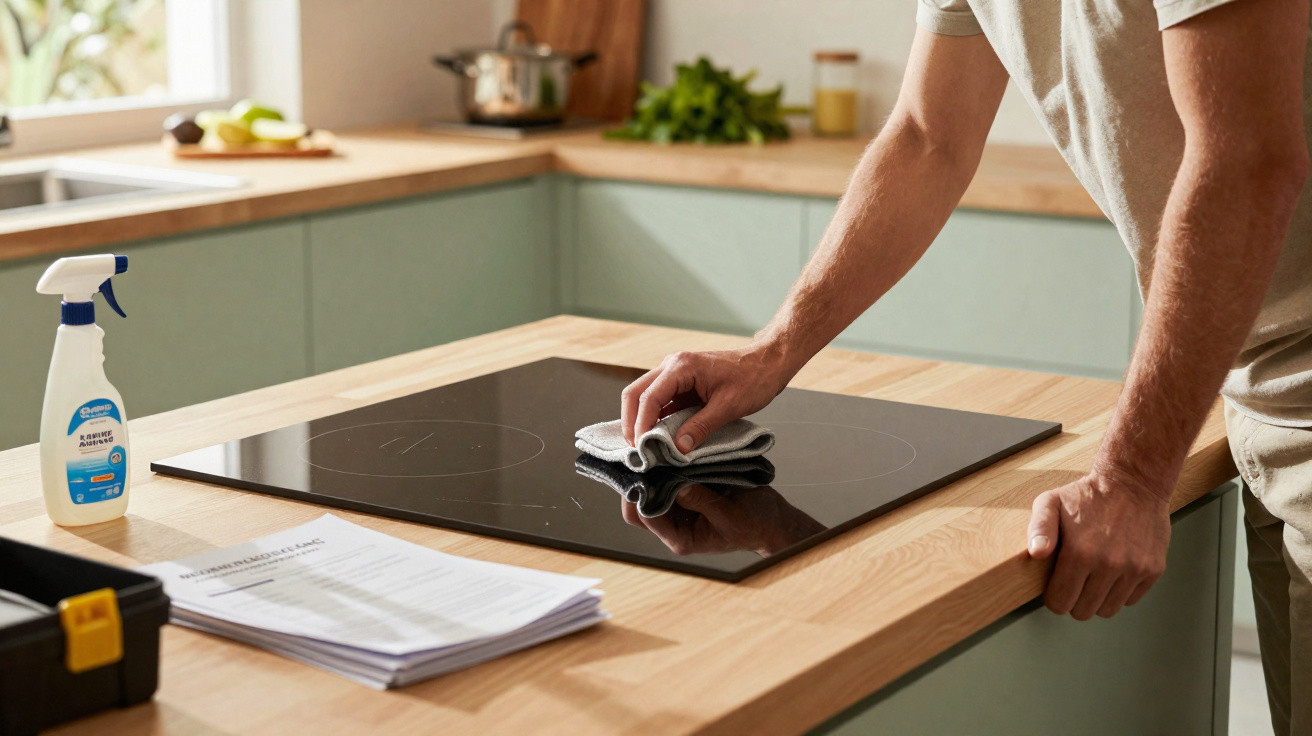 Pessoa a limpar placa vitrocerâmica preta numa cozinha moderna com pano e produto de limpeza.
