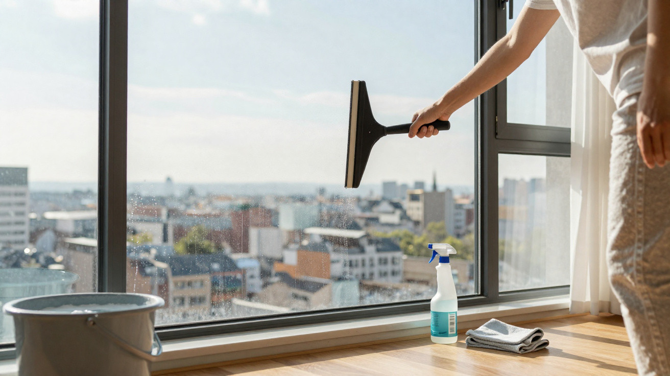 Pessoa a limpar uma janela grande com limpa-vidros em apartamento com vista para a cidade.